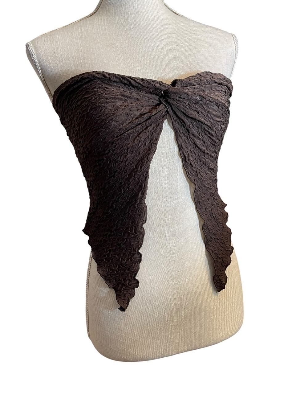 Y2K Fairy Tube Top Twist Front Textured Split Hem Chocolate Brown